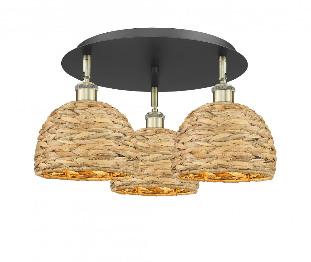 Woven Rattan - 3 Light - 20 inch - Black Antique Brass - Flush Mount